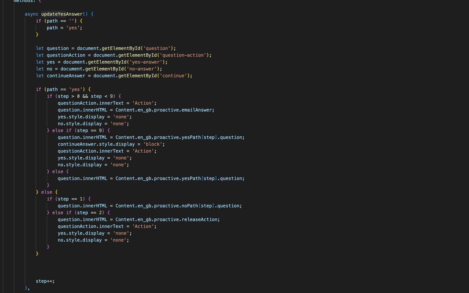javascript for the yes answer